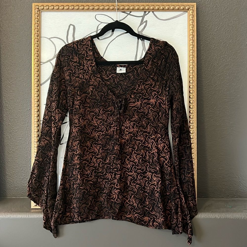 Lost River Clothing Company Boho Blouse Brown Black Bell Sleeve Size Small